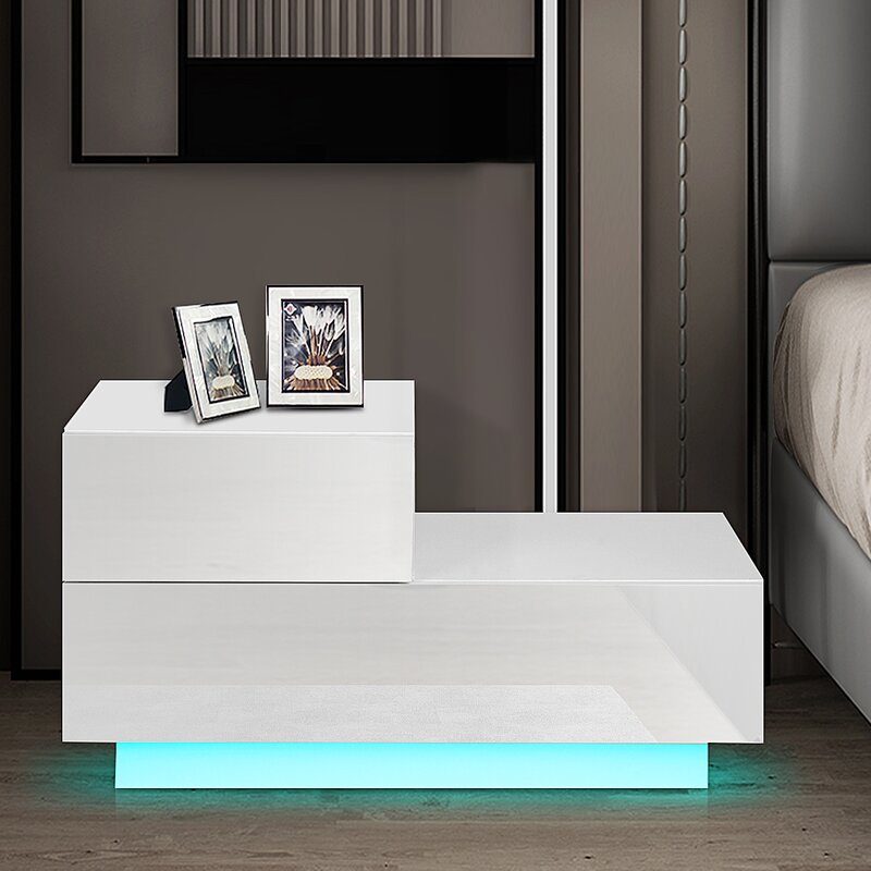 High Gloss Nights stand Unit LED Lights Modern Bedroom Furniture 2 Drawers Bedside Cabinet Tables