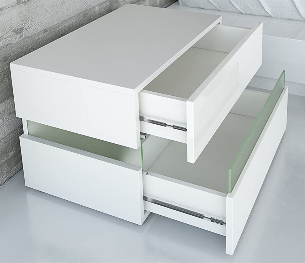 Bedside Cabinet Nightstand 2 Drawers White Bedside Table High Gloss LED Lights Modern Bedroom Furniture