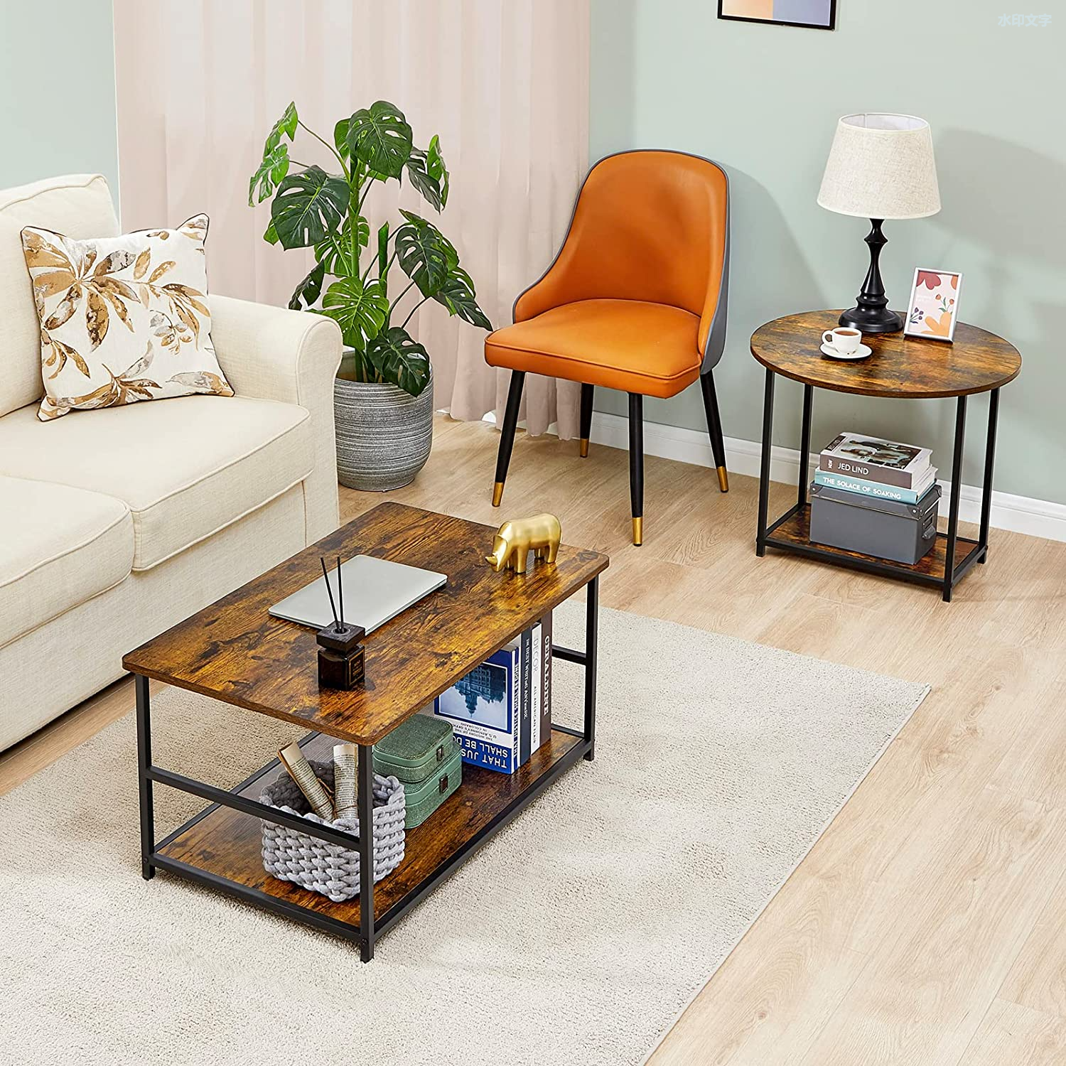 2 in 1 Unique Detachable Nesting Coffee Table Set of 2, Small Round and Rectangular Living Room Table Set, Industrial Modern Style Coffee Tables for Living Room