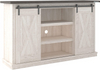 Farmhouse TV Stand Fits TVs up to 50" with Sliding Barn Doors and Storage Shelves, Whitewash & Gray