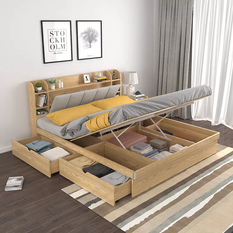 modern queen size wooden frame hydraulic lift storage bed with haeadboard and drawers wooden beds design bedroom furniture sets