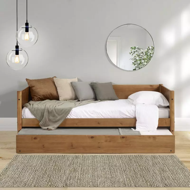 Mid-Century Panel Headboard Solid Wood Slats Day Bed Twin Size Daybed with Trundle